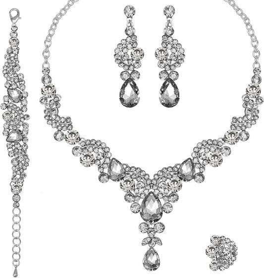 CSY Elegant Crystal Necklace Earrings Bracelet Ring Bridal Wedding Party Costume Jewelry Sets for Brides Women