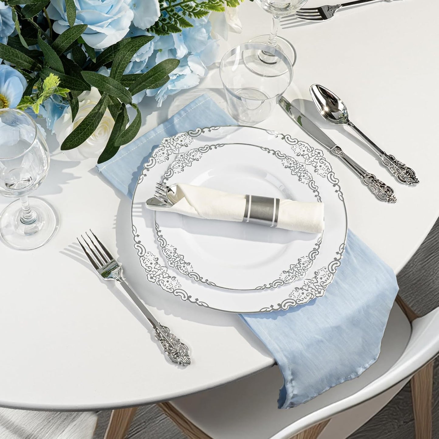 350PCS Silver Plastic Plates for 50 Guests, Disposable Dinnerware Sets Include 100 Silver Rim Plastic Plates, 50 Silverware, 50 Pre Rolled Napkins for Party, Wedding & Decor