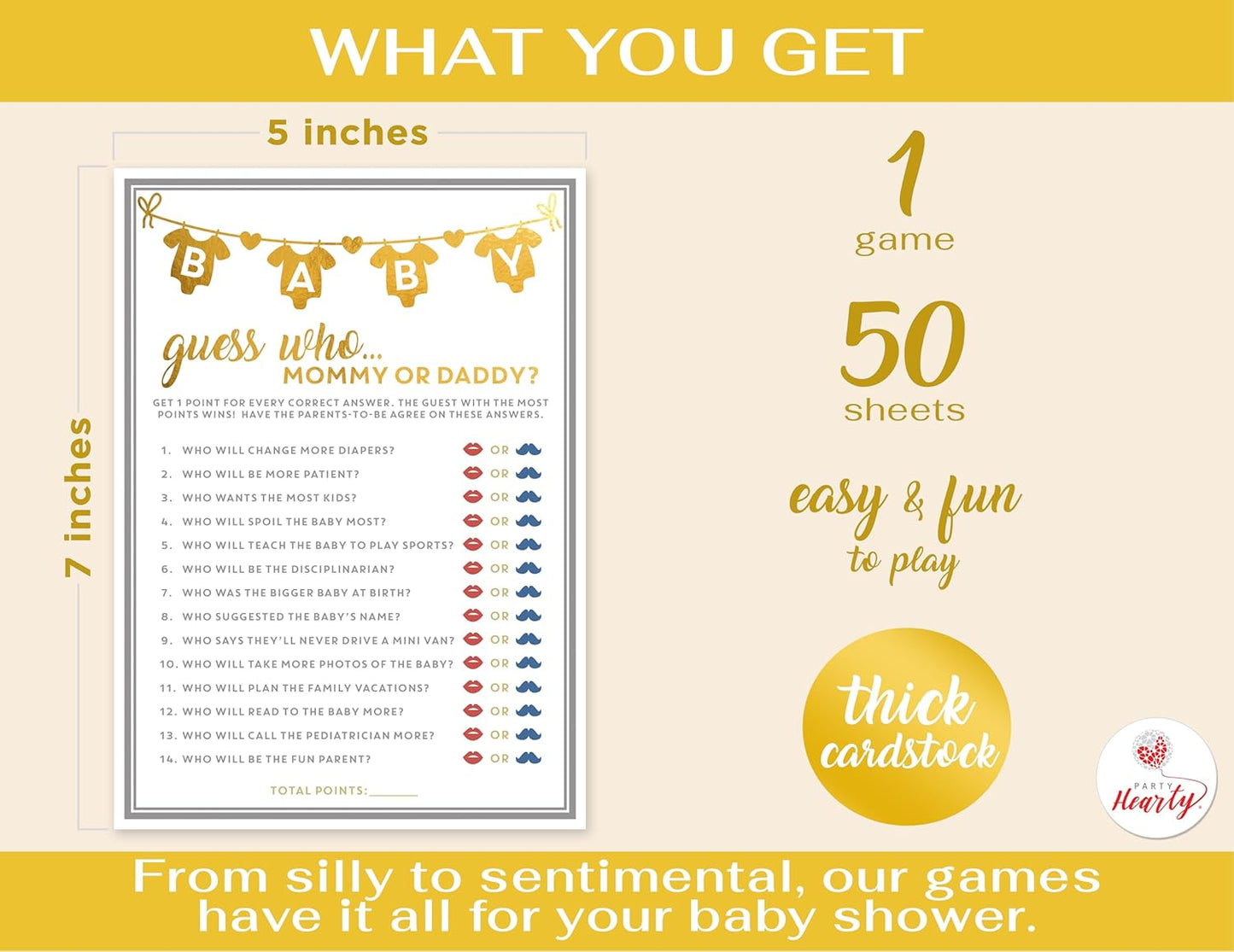 Party Hearty Baby Shower Games for Girl or Boy, 50 pcs Mommy or Daddy Guess Who Game, Fun Activity Cards, Gender Neutral, Ideas