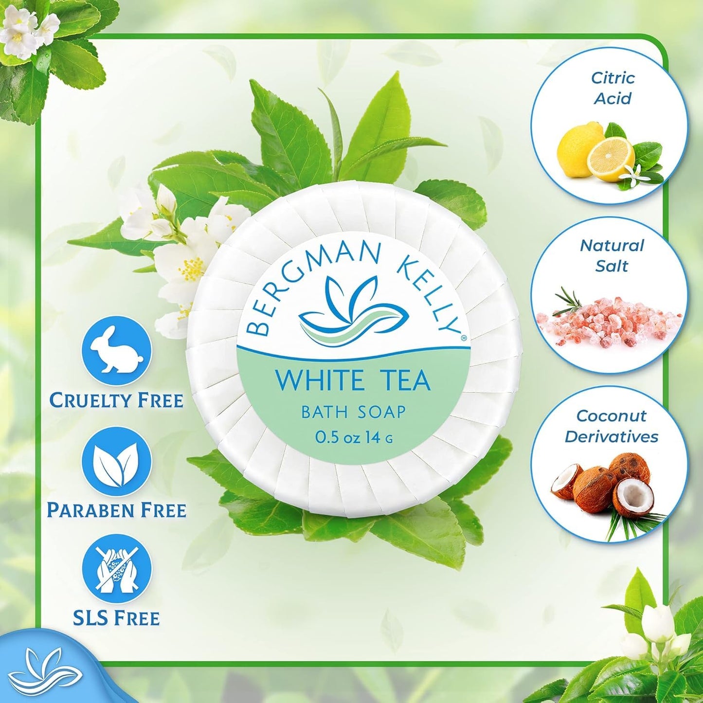 BERGMAN KELLY - Hotel Soap Bars - White Tea, 0.5 oz, 39000 PK - Travel Size Luxury Bulk Amenities Bar Soap, Mini Individually Wrapped Round Soap - Small Toiletries for Airbnb, Motel, Guest Bathroom