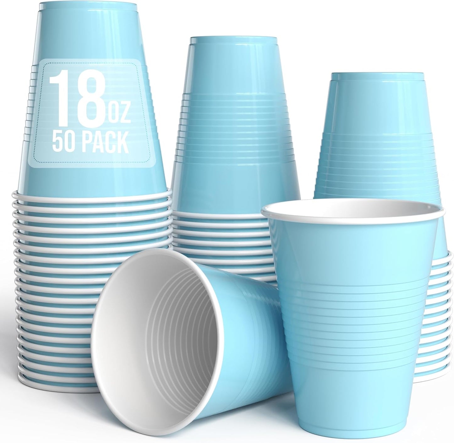 18 Oz Light Blue Plastic Cups For Party Supplies 50 Pack | Light Blue Disposable Cups Plastic | Disposable Drinkware For Parties, Events & Everyday