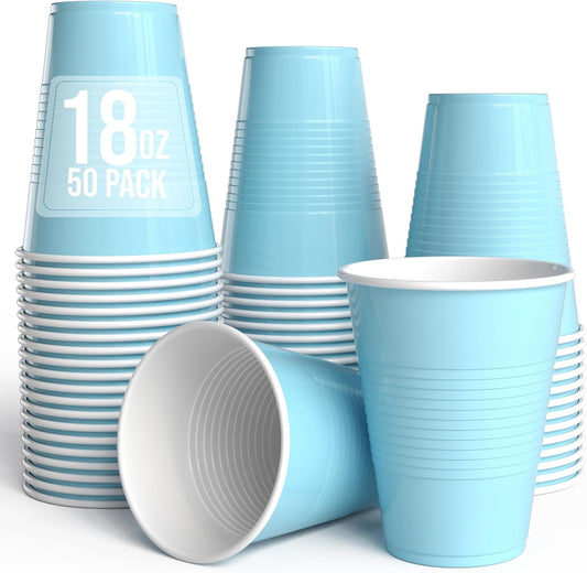 18 Oz Light Blue Plastic Cups For Party Supplies 50 Pack | Light Blue Disposable Cups Plastic | Disposable Drinkware For Parties, Events & Everyday