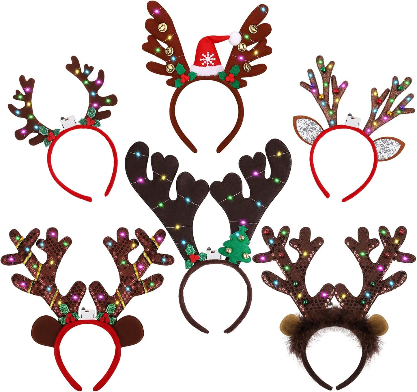 Fovths 6 Pack LED Christmas Headband Reindeer Antlers Headband Light up Antlers Headwear Reindeer Christmas Costume Accessories for Xmas Party Holiday Decorations
