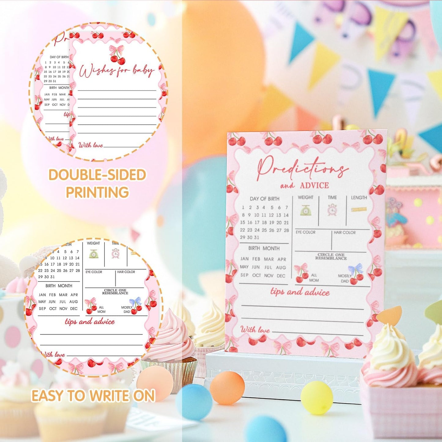 30 Pcs Cherry Baby Shower Games, Baby Predictions & Advice Cards for Baby Shower Game Activity, Cute Cherry Wishes Cards, Memorial Advice for New Parents to Be, Wishes Game Card for Baby Party Decor