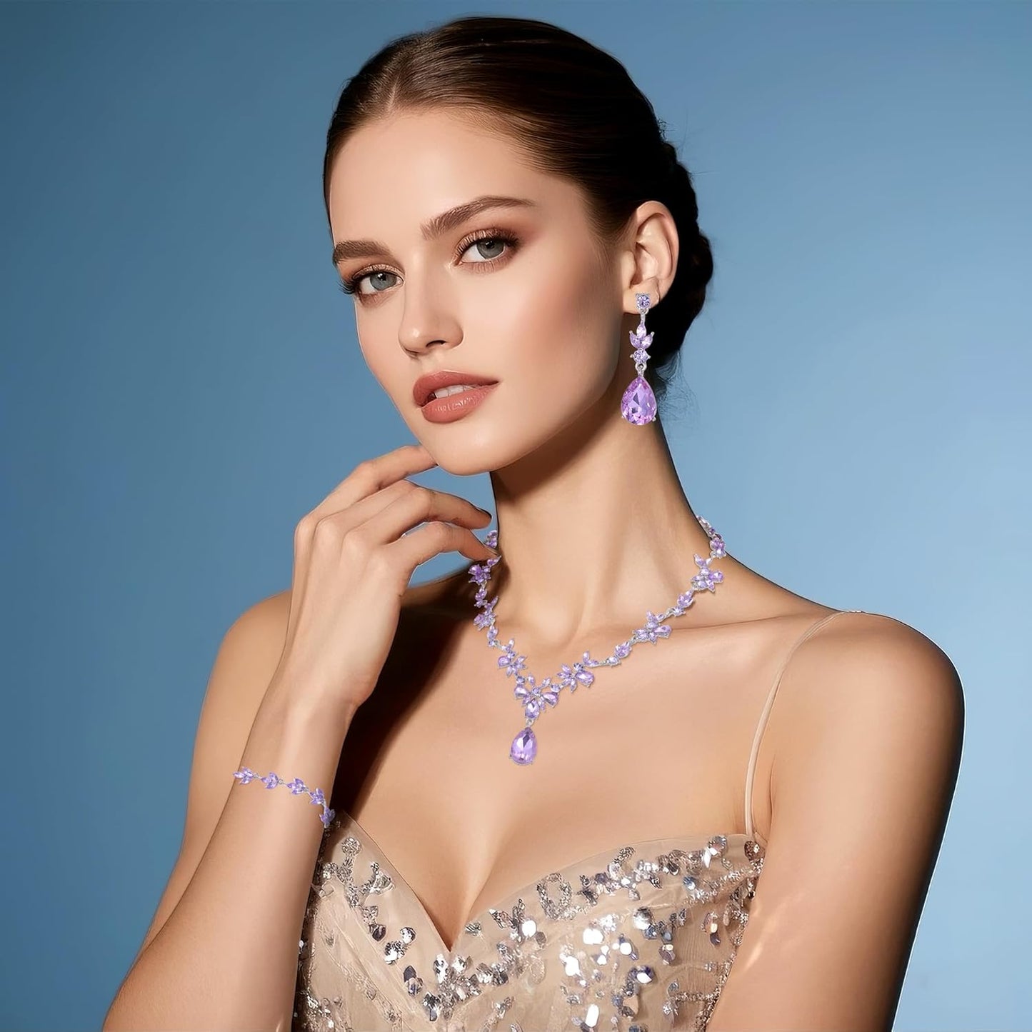 Kamirola Bridal Jewelry Set, Jewelry Set for Women, Necklace Dangle Earrings Bracelet Set, White Gold Plated (TR76)