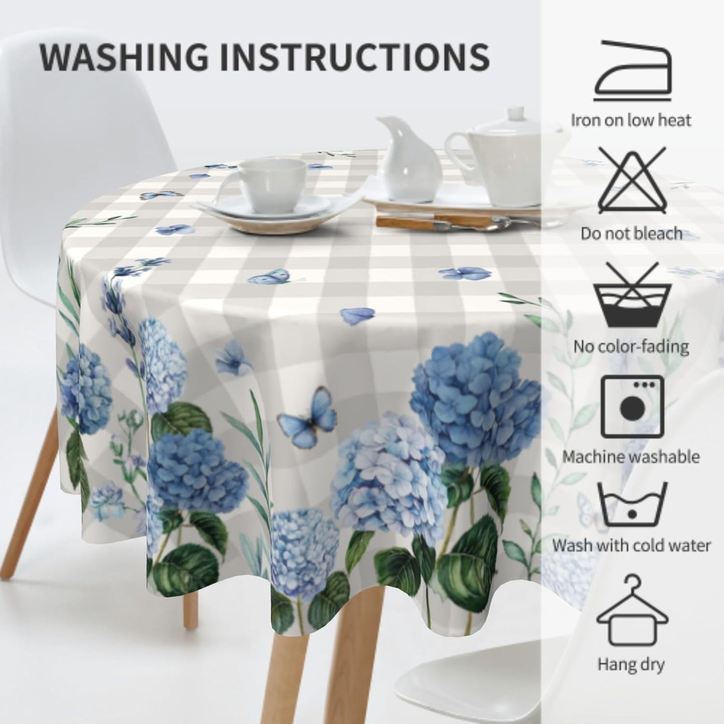 Giwawa Spring Summer Round Tablecloth 60in Watercolor Blue Hydrangea Floral Butterfly Table Cover Grey Buffalo Plaids Washable Table Cloth for Dining Kitchen Picnic Indoor Outdoor Decor