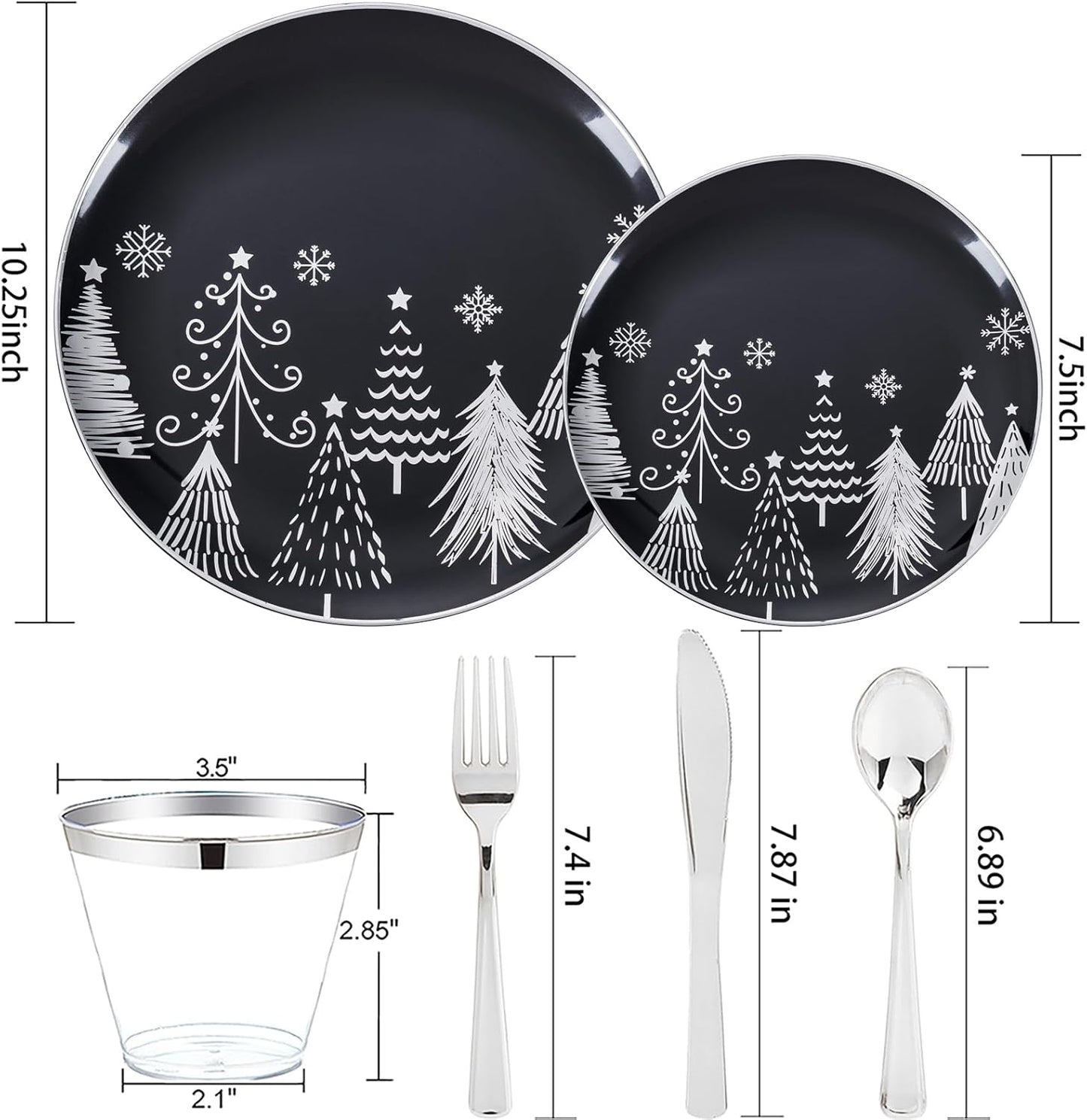 KIRE 150PCS Christmas Plates Disposable & Dinnerware Set for 25 Guests - Black & Silver Plates, Plastic Silverware & Cups With Silver Rim for Christmas Party Supplies