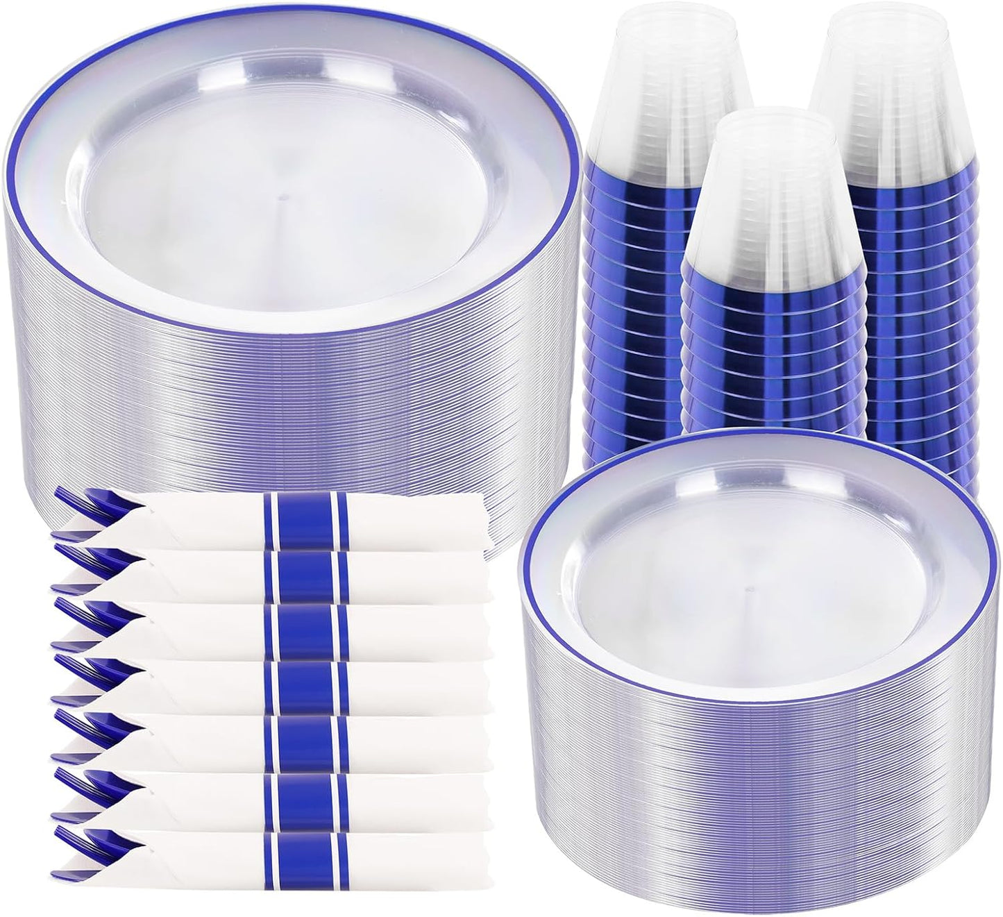 SUT 350 Pcs Blue and Clear Plastic Dinnerware Set for 50 Guests, Include: 50 Dinner Plates, 50 Dessert Plates, 50 Pre Rolled Napkins With Silverware, 50 Cups, Disposable Plates for Party, Wedding