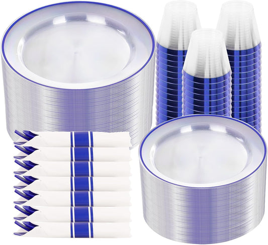 SUT 350 Pcs Blue and Clear Plastic Dinnerware Set for 50 Guests, Include: 50 Dinner Plates, 50 Dessert Plates, 50 Pre Rolled Napkins With Silverware, 50 Cups, Disposable Plates for Party, Wedding