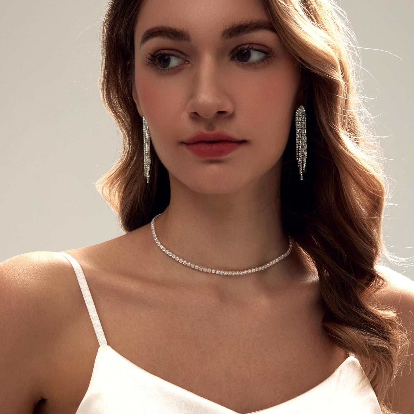 Tennis Necklace Bracelet for Women, Sterling Sliver, Dainty Chocker Necklace, Crystal Bracelet for Women, Wedding Jewelry for Bride, Sparkly Party Prom Hypoallergenic