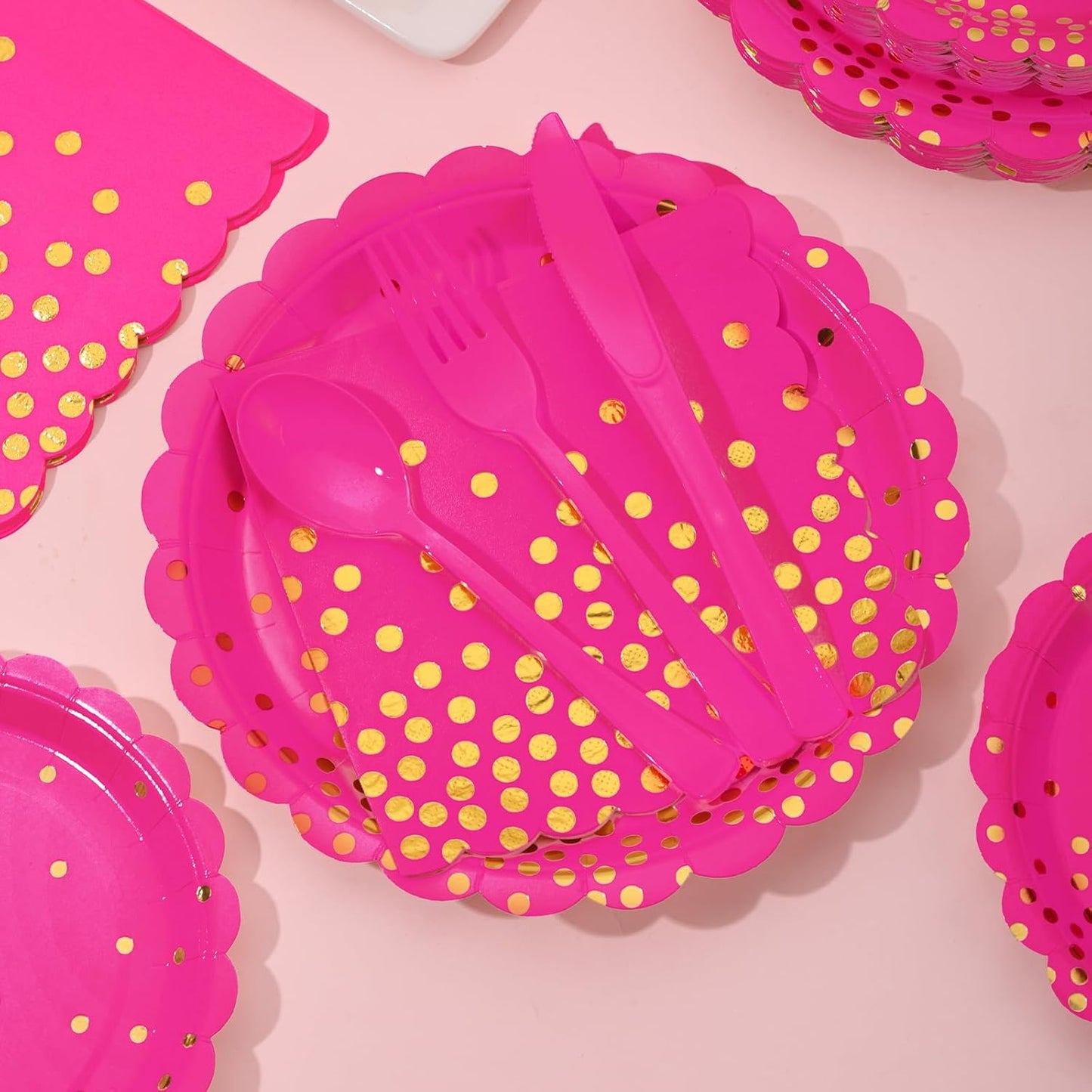 175Pcs Pink Party Supplies, Hot Pink Paper Plates and Napkins Include Scalloped Plates Napkins Cups Plastic Cutlery Set for Bridal Shower Girl Birthday