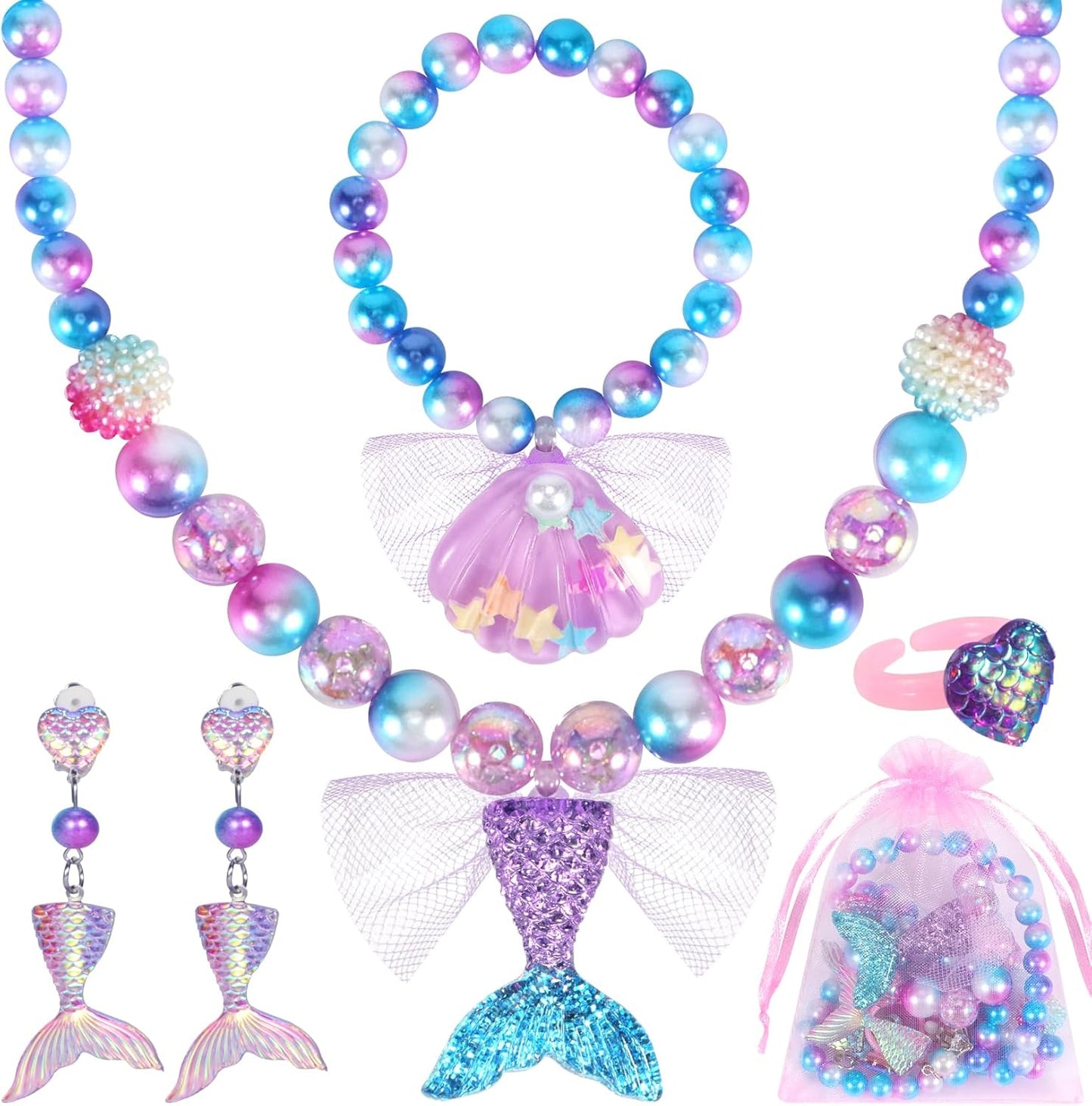 Mermaid Toys Princess Mermaid Jewelry for Girls Mermaid Necklace Bracelet Ring Earrings for Kids, Mermaid Accessories Set for Girls Age 3-8 Mermaid Costume Birthday Party