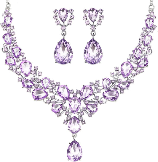 Hicarer Bridal Teardrop Cluster Crystal Jewelry Set for Women Necklace Earrings Wedding