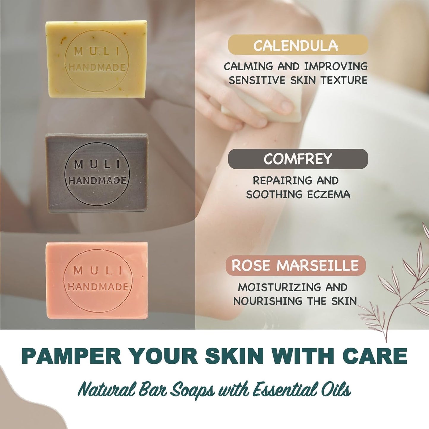 Natural Handemade Bar Soap for Men and Women with Essential oils, Scented Bar Soaps for Bath, Fragrance Gift Set (Pack of 6) Comfrey, Rose Marseille, Calendula, Dead Sea Mud, Artemisia Argyi, Lavender