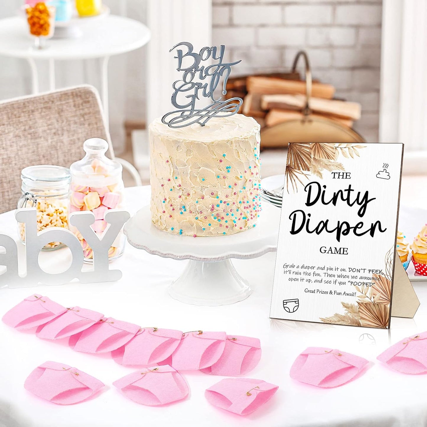Roowest 51 Pcs Dirty Diaper Baby Shower Games Funny Wooden Sign with 50 Pcs Mini Diapers Cute Felt for Gender Reveal Party Baby Shower(Boho Pink)