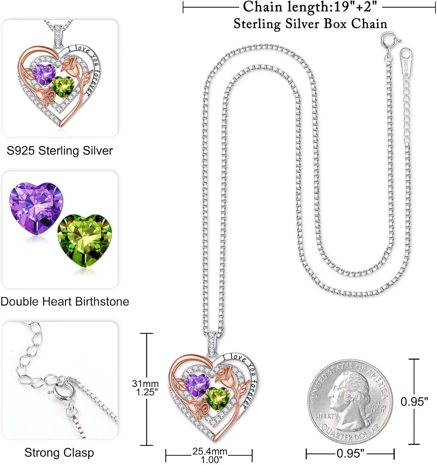 Iefil Birthstone Necklace for Women - Sterling Silver Birthstone Necklace Anniversary Birthday Gifts for Her Wife Mom Daughter