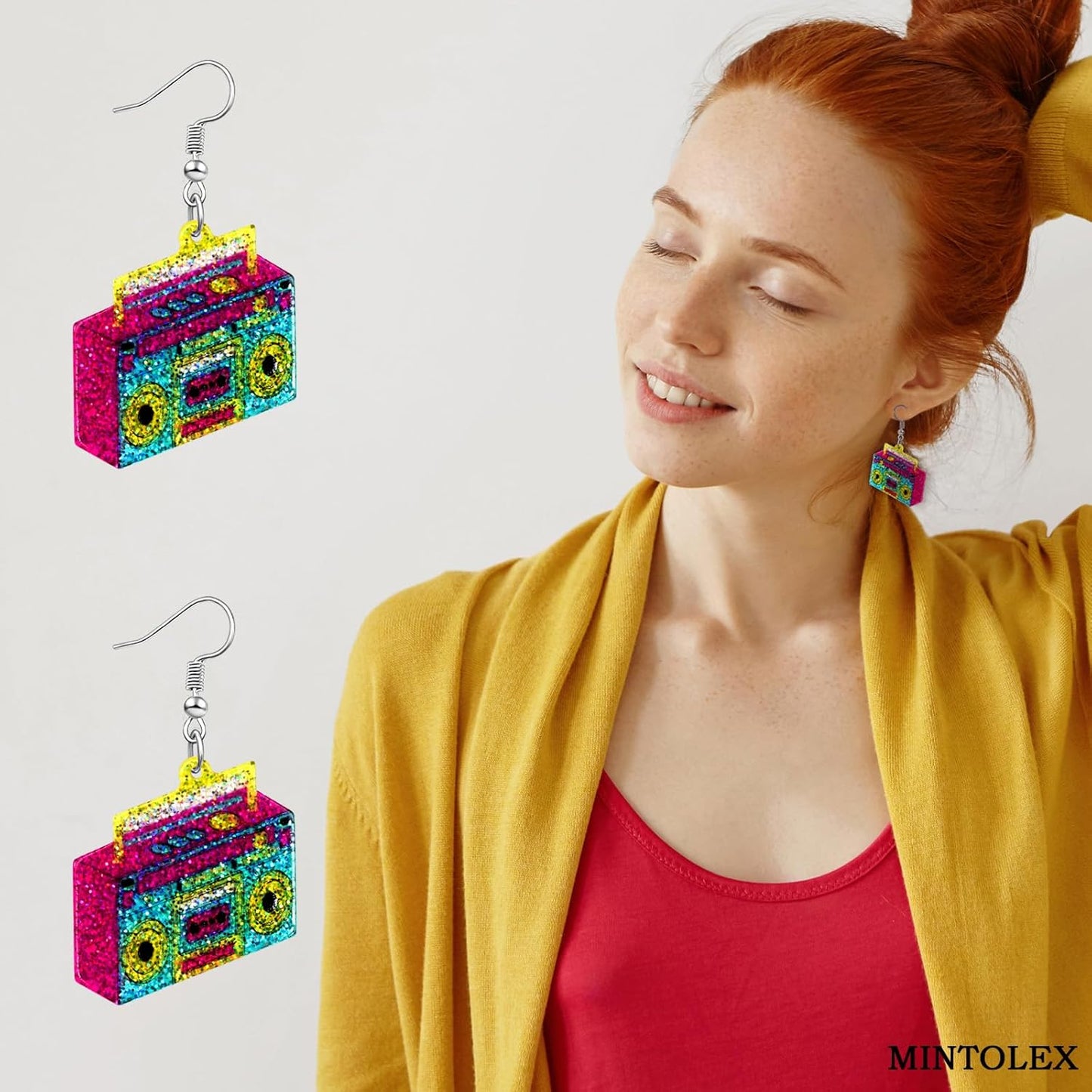 90s 80s Earrings for Women Retro Cassette Tape Earrings Acrylic Radio Tape Drop Dangle Earring for Halloween Cosplay Glow Party Music Festival Costume Accessories