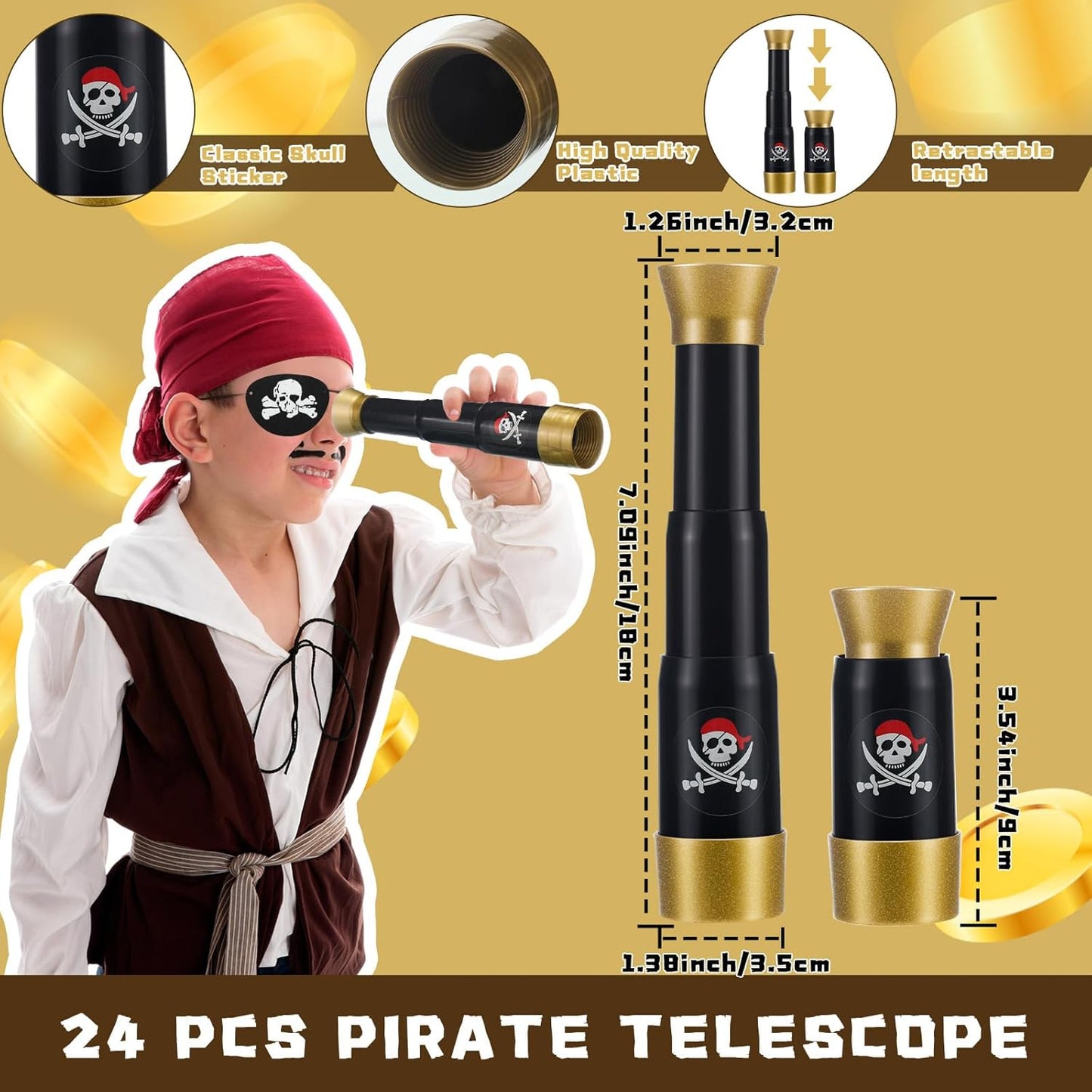 Libima 24 Set Halloween Pirate Eye Patches and Telescopes Sets for Kids, Plastic Pirate Telescopes Patch Bulk for Halloween Party Favors Birthday Supplies(Stylish Style)
