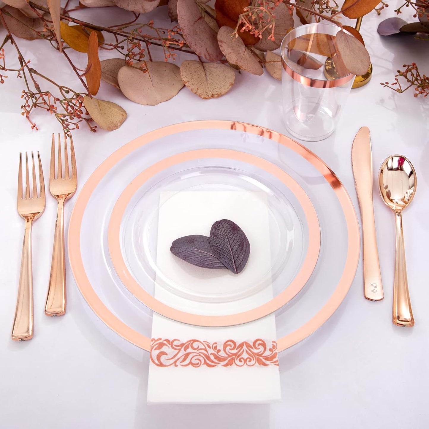 YOUBET 175PCS Rose Gold Plastic Plates - Clear Plastic Plates Disposable with Rose Gold Rim includes 50 Rose gold plates, 25Forks, 25Knives, 25Spoons, 25Cups, 25Napkins for Party & Wedding
