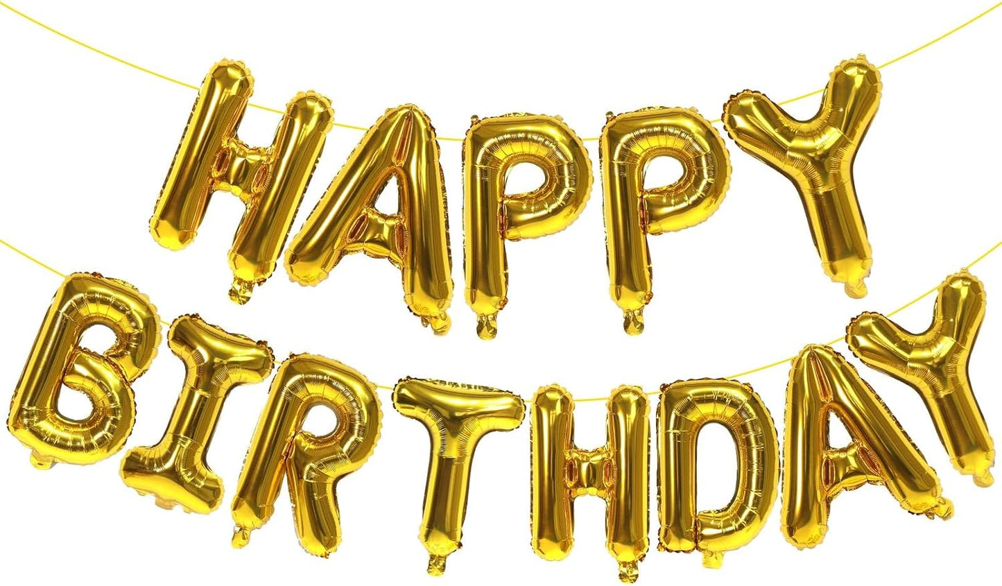 KALOR Gold Happy Birthday Balloons Banner, 16 Inch Mylar Foil Letters Balloon Sign for Women, Men, Boys & Girls Kids Birthday Decorations Photo Backdrop