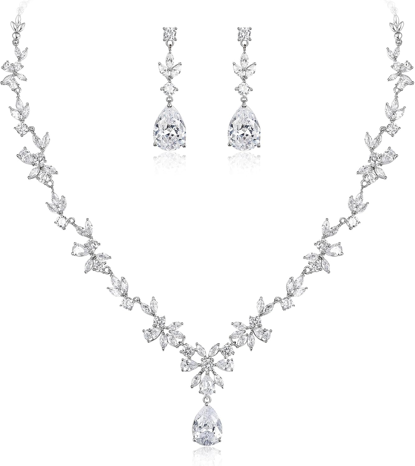 BriLove Gorgeous Wedding Jewelry Set for Women Bridal Cubic Zirconia Marquise Teardrop Leaf Cluster Y-Necklace Dangle Earrings Link Bracelet