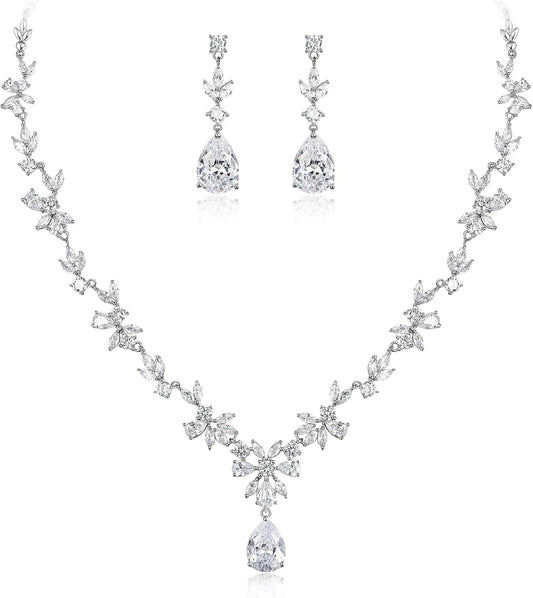 BriLove Gorgeous Wedding Jewelry Set for Women Bridal Cubic Zirconia Marquise Teardrop Leaf Cluster Y-Necklace Dangle Earrings Link Bracelet