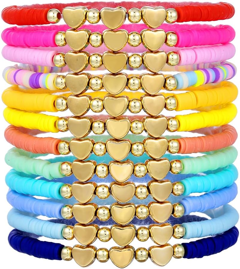 Heishi Surfer Clay Bead Bracelets Set for Women - Preppy Smile Evil Eye Beaded Stretch Bracelets Elastic Layering Friendship Bracelets- Stackable Boho Disc Summer Jewelry Set