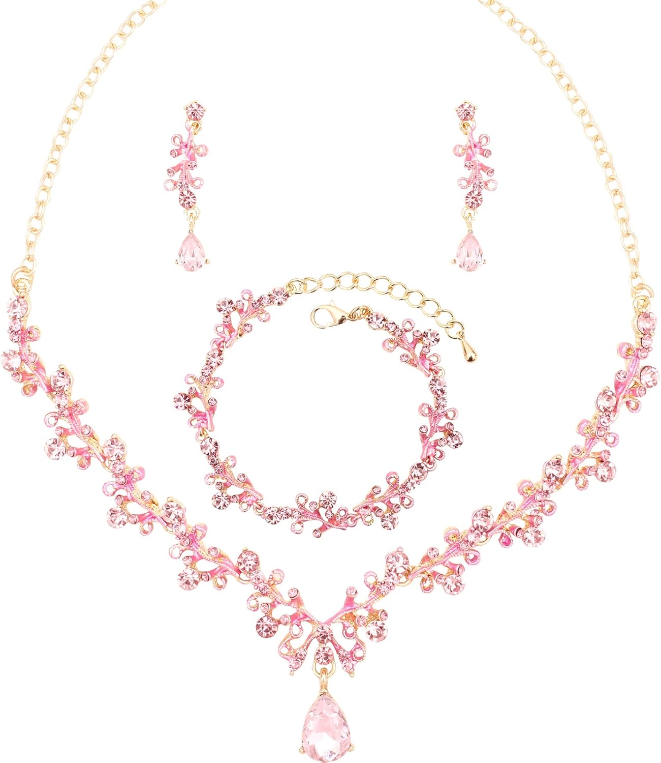 3Pcs Austrian Crystal Jewelry Set for Women, Necklace Dangle Earrings Link Bracelet Jewelry Set with Gold/Platinum/Gun Plated, Wedding Party Jewelry for Bridal Bridesmaid