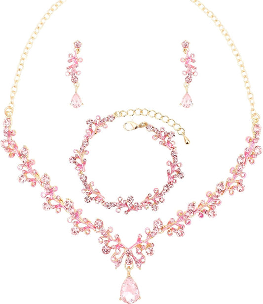 3Pcs Austrian Crystal Jewelry Set for Women, Necklace Dangle Earrings Link Bracelet Jewelry Set with Gold/Platinum/Gun Plated, Wedding Party Jewelry for Bridal Bridesmaid