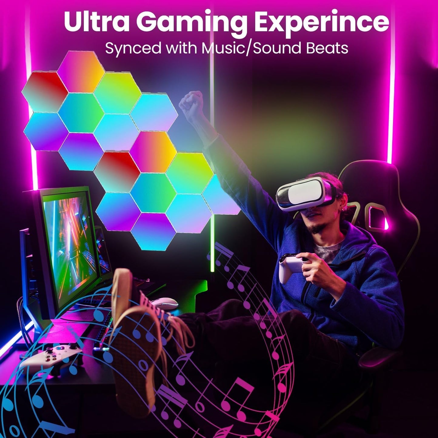 16-Pack Hexagon RGB LED Wall Lights – Modular Smart Light Panels with App & Remote Control, Music Sync & Dynamic Effects – DIY Gaming Room, Bedroom & Home Decor Lighting