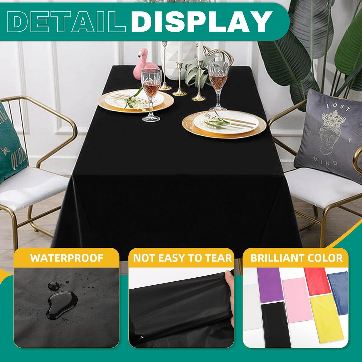 12 Pack Black Plastic Table Cloths Disposable, 54 x 108 Inches Plastic Table Cover for Rectangle Tables, Disposable Tablecloth for Dinning, Parties, BBQ, Wedding, Outdoor
