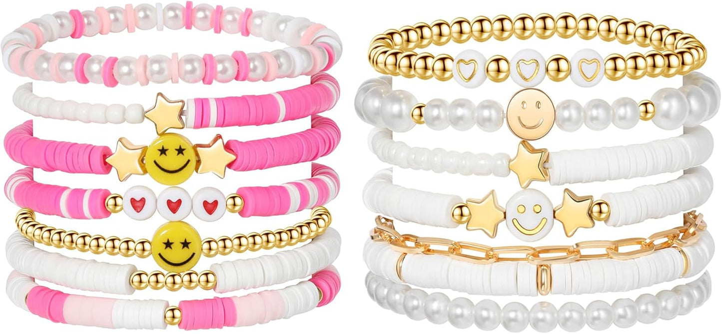 Preppy Bracelets Set Colorful White Gold Smile Heart Star Polymer Beaded Pearl Clay Stackable Charm Y2K Kidcore Aesthetic Summer Beach Bohemian Stretch Layering Bracelets Jewelry for Girls Women Teens