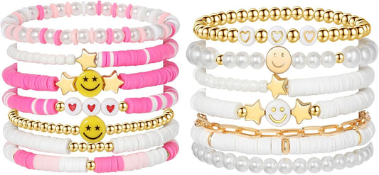Preppy Bracelets Set Colorful White Gold Smile Heart Star Polymer Beaded Pearl Clay Stackable Charm Y2K Kidcore Aesthetic Summer Beach Bohemian Stretch Layering Bracelets Jewelry for Girls Women Teens