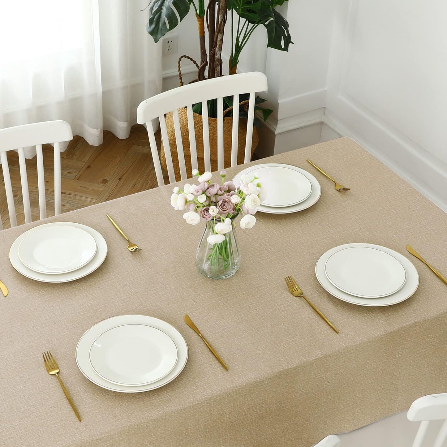 Romanstile 100% Waterproof PVC Tablecloth, Rectangle Oil Spill Proof Stain Resistant Vinyl Table Cloth, Wipe Clean Plastic Table Covers for Kitchen/Dining/Parties - 54 x 120 Inch, Khaki