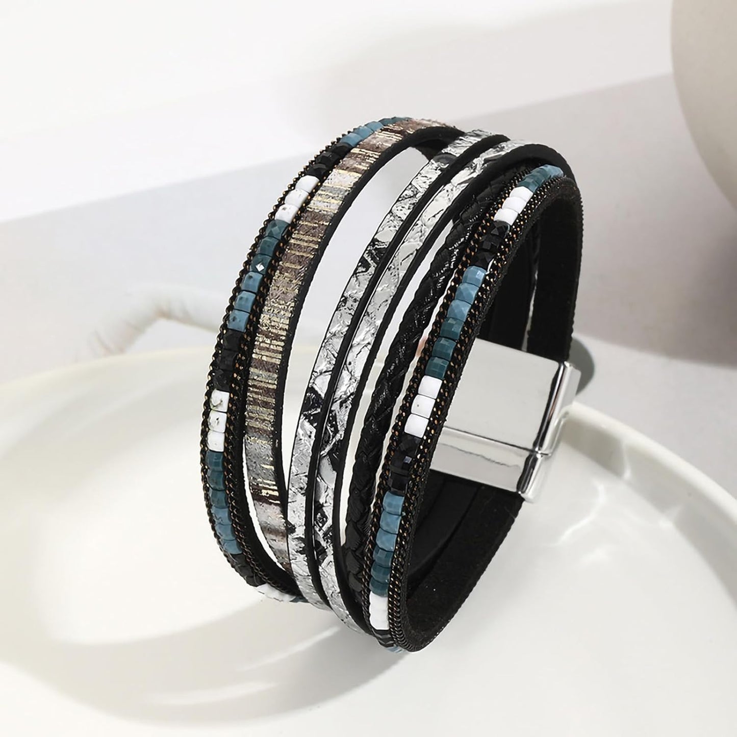 Fesciory Leather Wrap Bracelets for Women, Boho Leopard Multi-Layer Crystal Beads Cuff Bracelet Jewelry