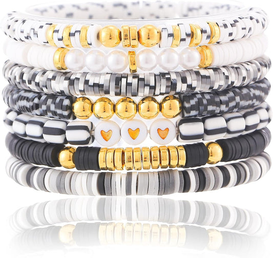 Friendship Bracelets Trendy Heishi Clay Bead Bracelets Stack Gold Beaded Stretch Bracelets for Women Boho Stackable Bracelets Bulk Cute Preppy Jewelry