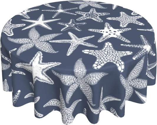 Giwawa 60Inch Navy Blue Starfish Round Tablecloth, Summer Nautical Coastal Decorative Circle Table Cover, Dustproof Washable Table Cloth Polyester for Kitchen Dining Party Picnic Season
