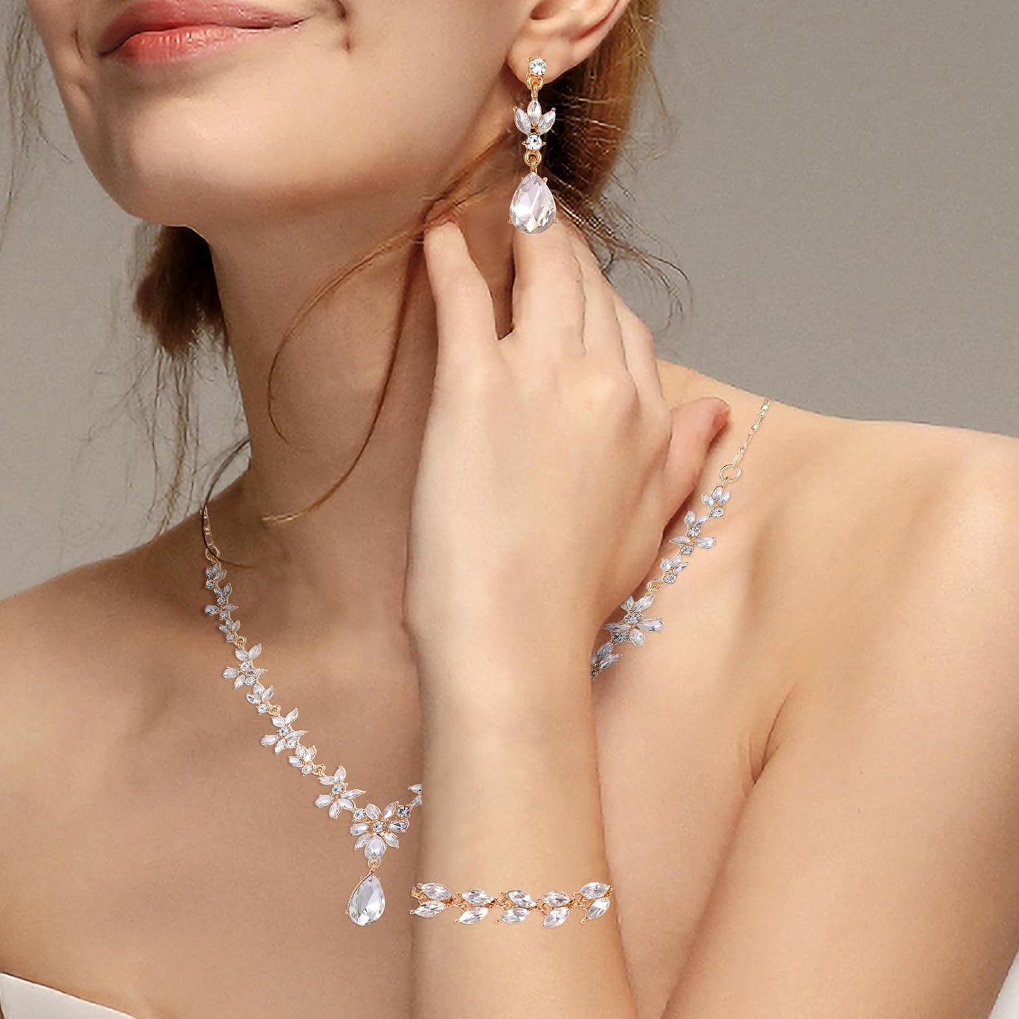 Kamirola Bridal Jewelry Set, Jewelry Set for Women, Necklace Dangle Earrings Bracelet Set, White Gold Plated (TR76)