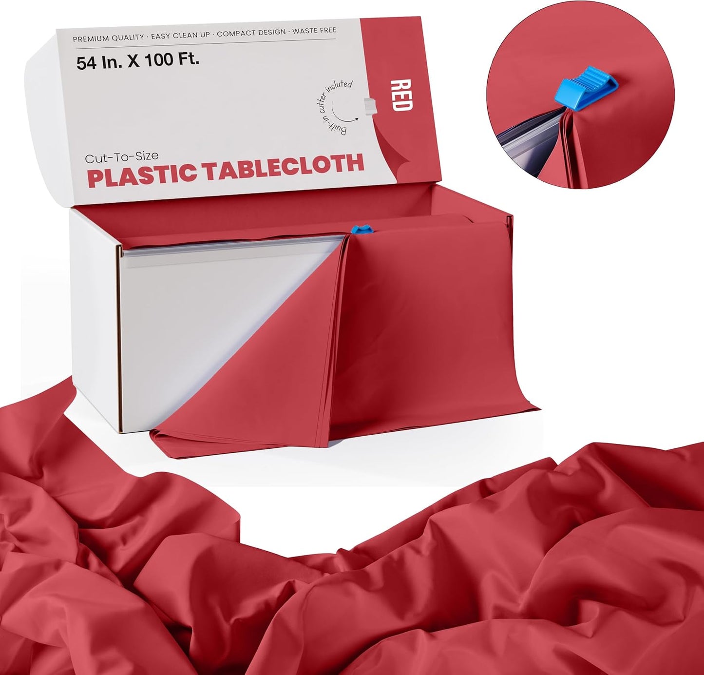 Party Solids 54 Inch X 100 Feet Red Plastic Table Cover Roll in A Cut - to - Size Box with Convenient Slide Cutter. Cuts Up to 12 Rectangle 8 Feet Plastic Disposable Tablecloths