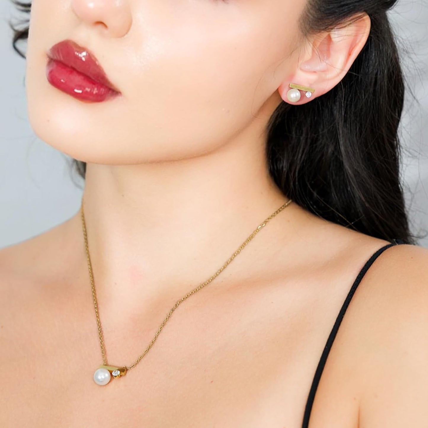 Pearl Necklace and Earring Set, 18K Gold Plated Earrings and Necklace Set for Women, Dainty Freshwater Pearl Jewelry Set for Women Gift