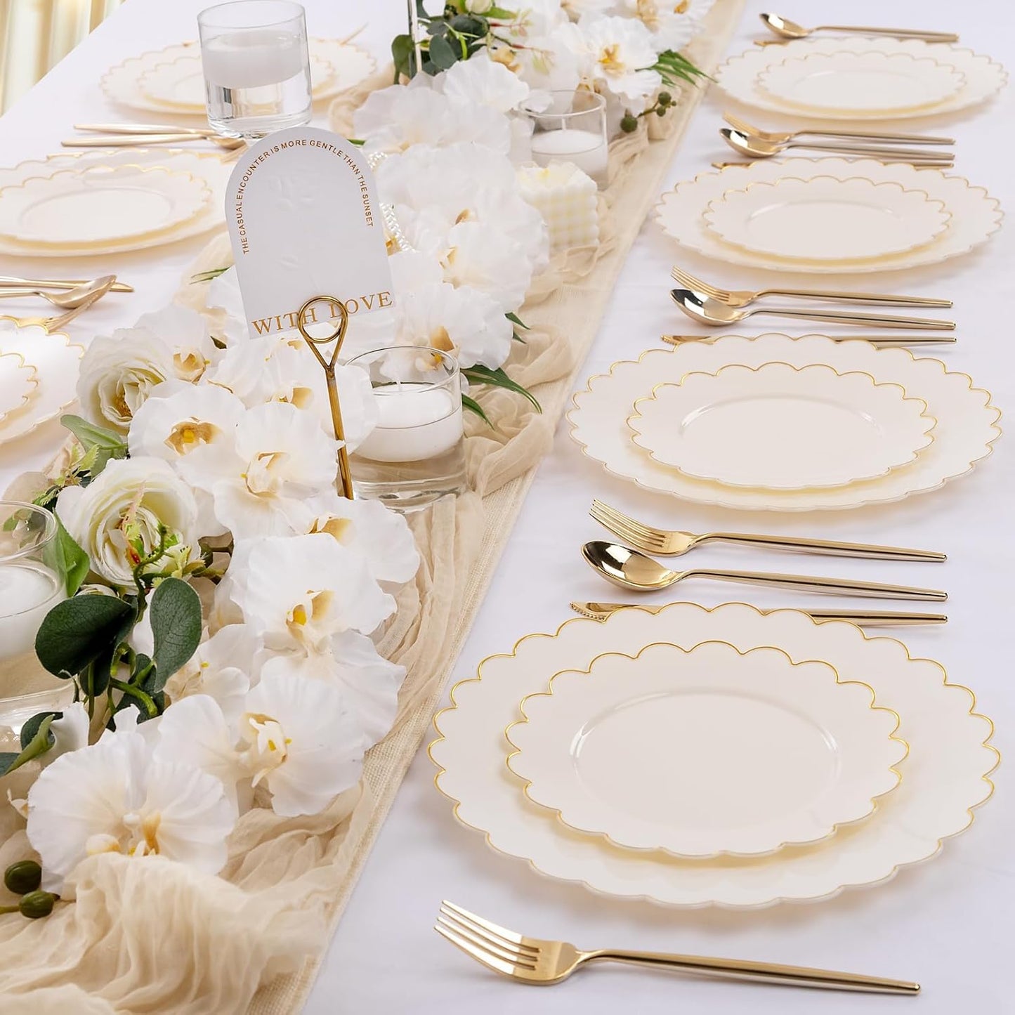 LIYH 60 Pcs Ivory and Gold Scalloped Plastic Plates - Disposable Fancy Combo Plates Includes 30 Dinner Plate 10.25" and 30 Dessert Plate 7.5" Plastic Heavy Weight Party Tableware Dishes