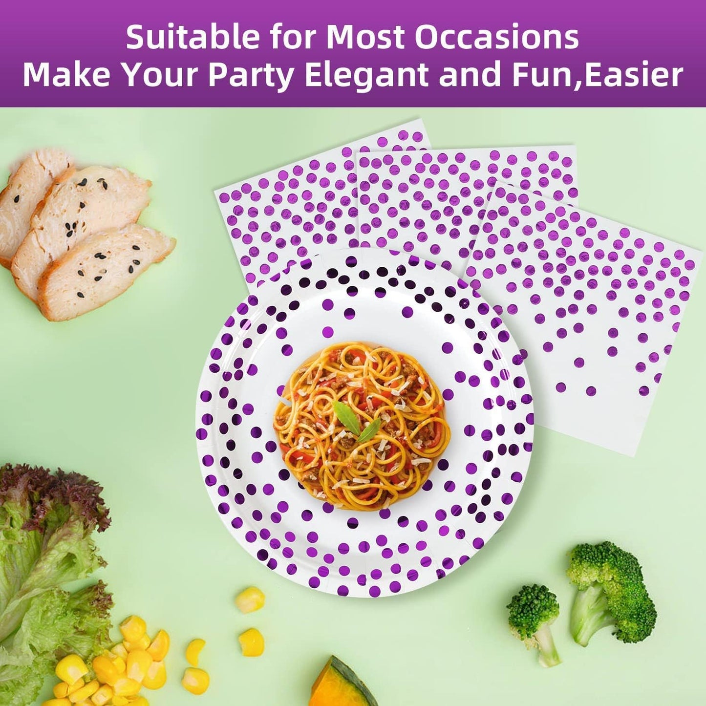 White Purple Paper Plates and Napkins-50 Pack-25 * 7" Paper Plates & 25 * 6.5" Napkins,Party Supplies for Birthdays Receptions and All Occasions