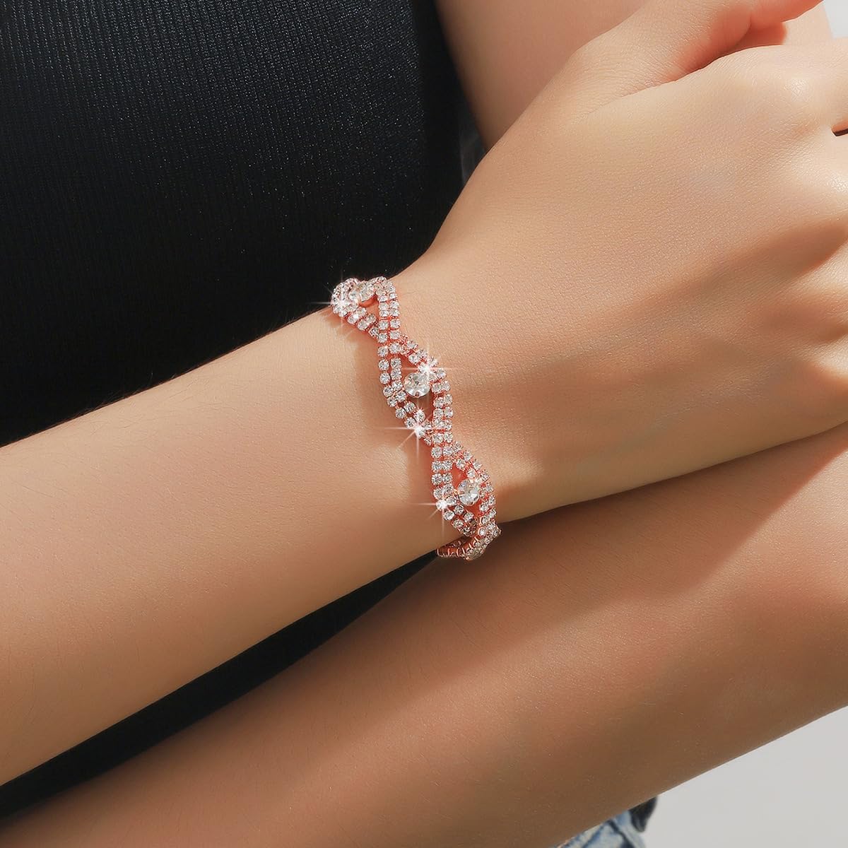 Prom Earrings Necklace Bracelet Set Elegant Crystal Rhinestone Necklace Earrings Bracelet Bridal Wedding Prom Dresses Costume Outfit Gold Jewelry Sets for Women