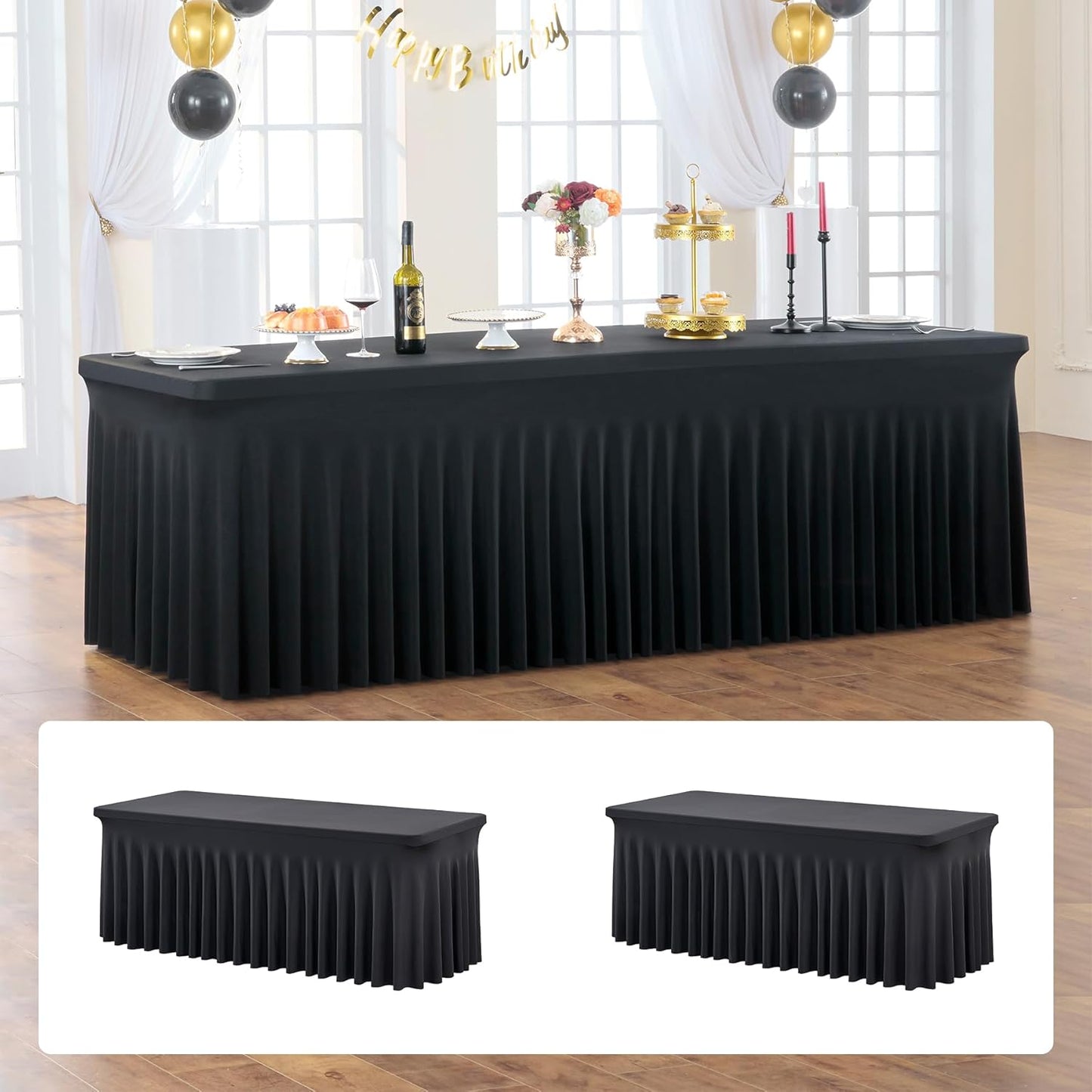 2 Pack Black Fitted Spandex Table Cloth Rectangle 8ft, Wrinkle Free High-Stretch Skirted Tablecloths for 8 Foot Rectangle Tables, Decor Parties Weddings Birthday Banquet Spandex Table Cloths Cover