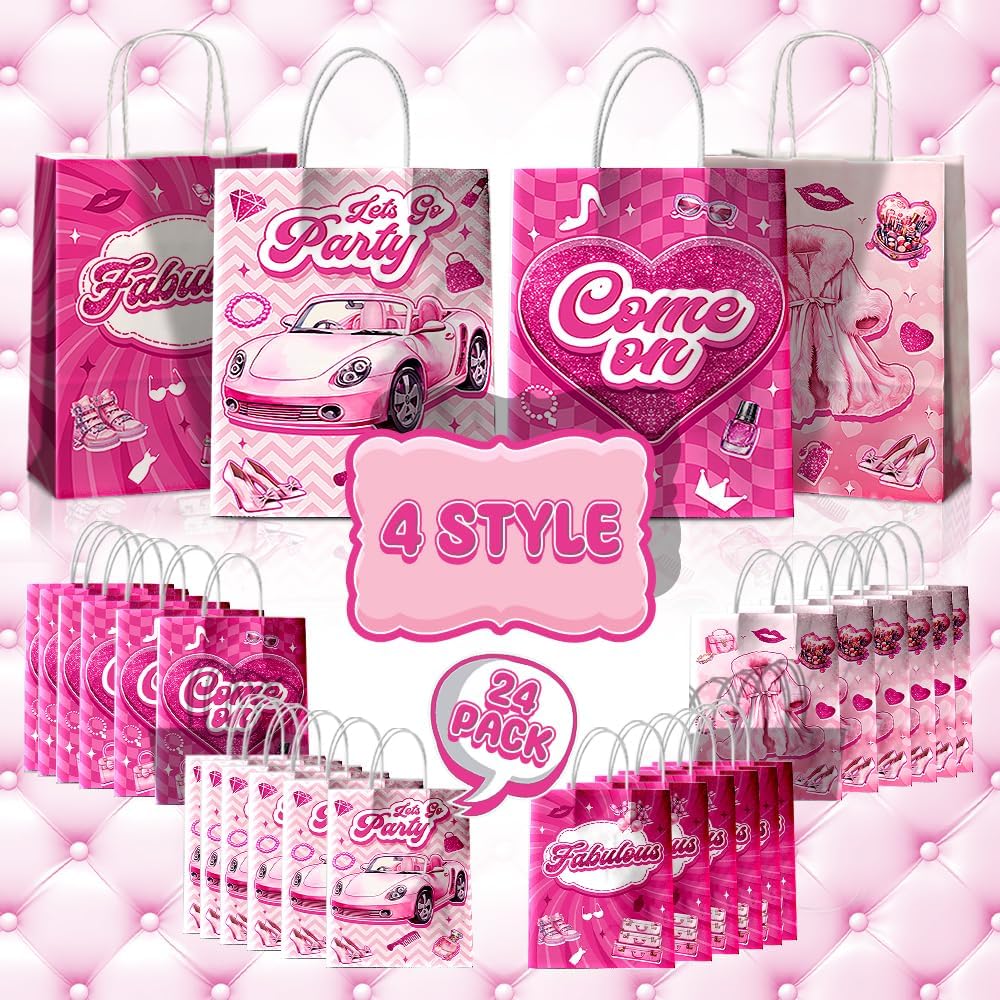 24 Pcs Princess Party Favor Bags with Handles - Pink Goodie Bags Gift Bags. Princess Theme Candy Bags for Kids, Kraft Paper Bags for Birthday Party Supplies and Baby Shower Decorations.