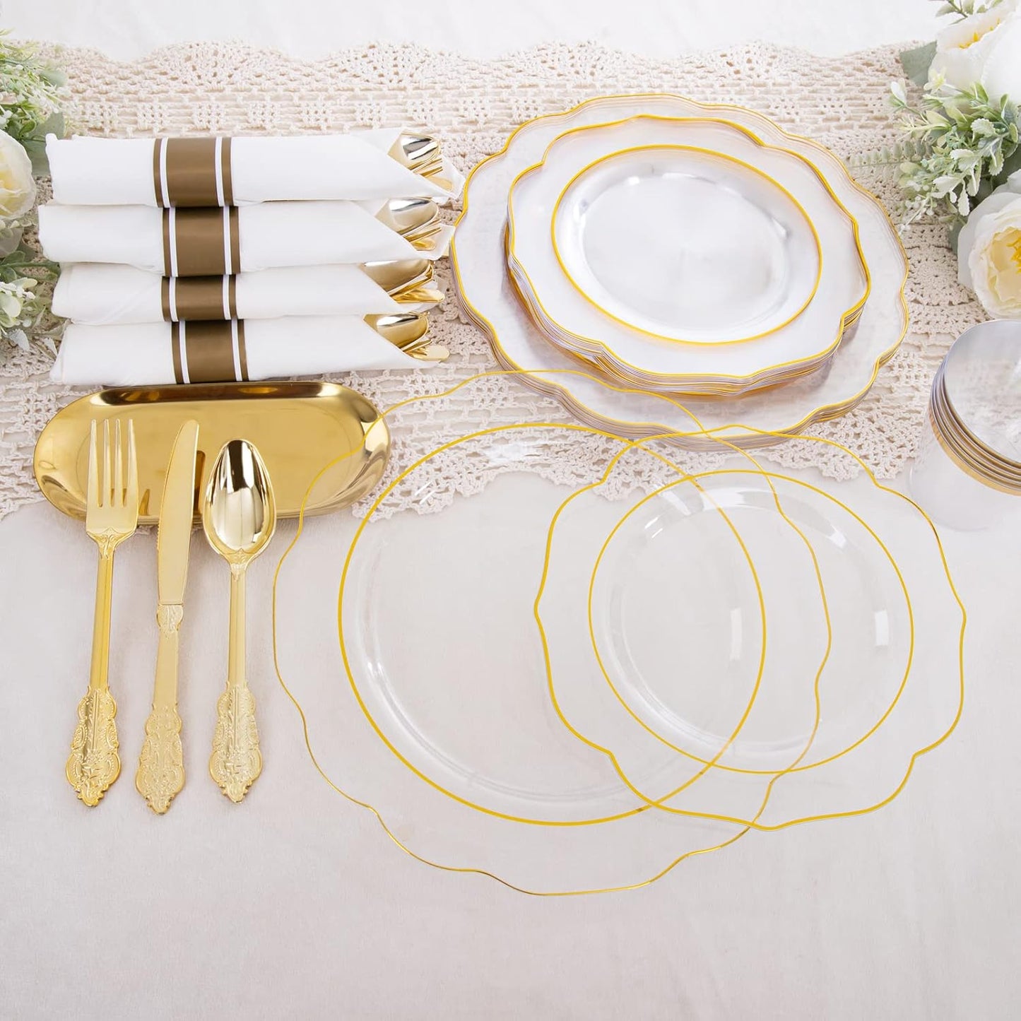 NOCCUR 50Guest Gold Rim Clear Plastic Plates&Disposable Silverware Cups-Include 100Plastic Plates, 150Gold Utensils, 50Cups and 50Napkins-Idea for Wedding/Fall Party/Thanksgiving
