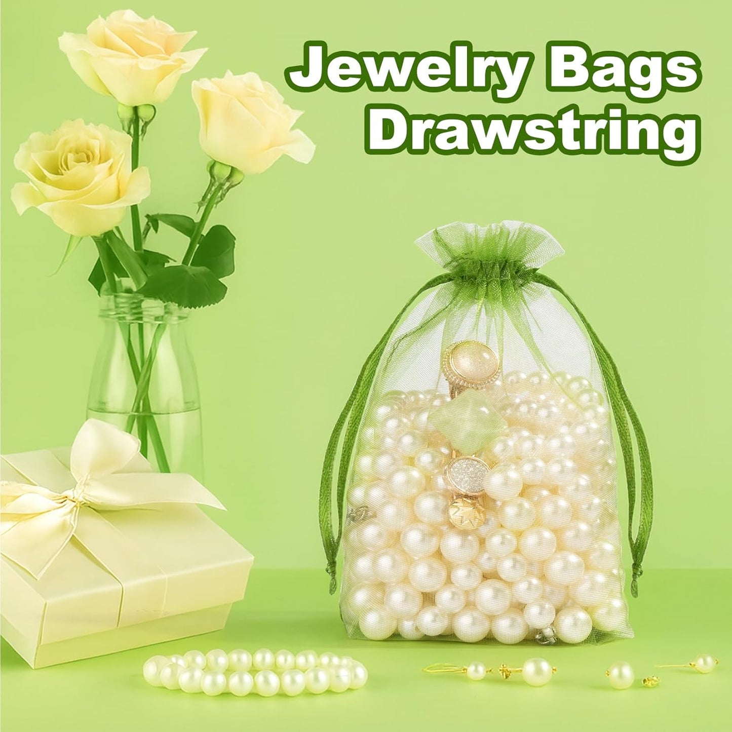 Crweety 50 Pcs 6x9 Inch Green Organza Bags, Small Mesh Bags Drawstring for Gifts, Elegant Jewelry Pouches for Wedding Favor, Spring Party Favor & Christmas St. Patrick's Day Decor