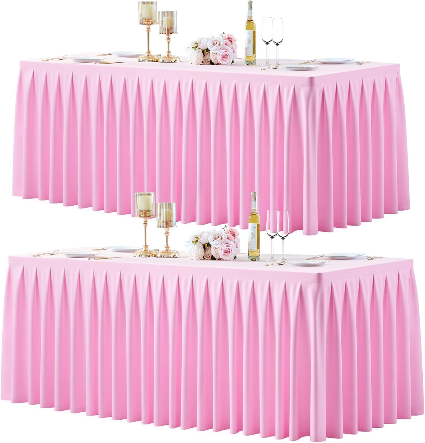 2 Pack Pink Rectangle Tablecloth 8 FT Stretch Spandex Fitted Table Cloth for 8 Foot Rectangle Tables Banquet Tablecloths Wrinkle Free Table Cover Skirt Ruffle Tablecloth for Party Wedding Birthday