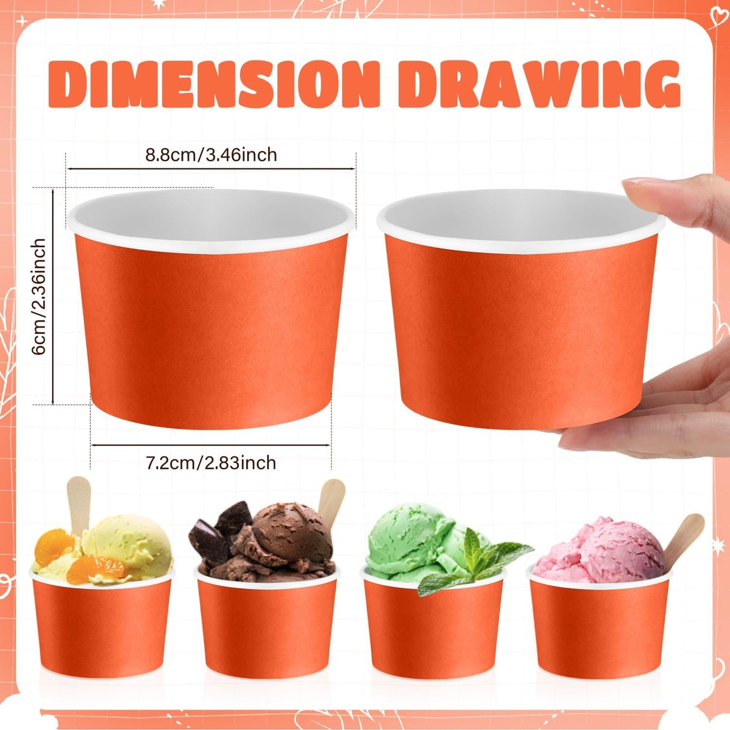 Paper Ice Cream Cups 9oz Colored Disposable Dessert Bowls for Hot or Cold Food Party Cups for Birthday Baby Shower Easter Party Supplies(Orange,60 Pcs)