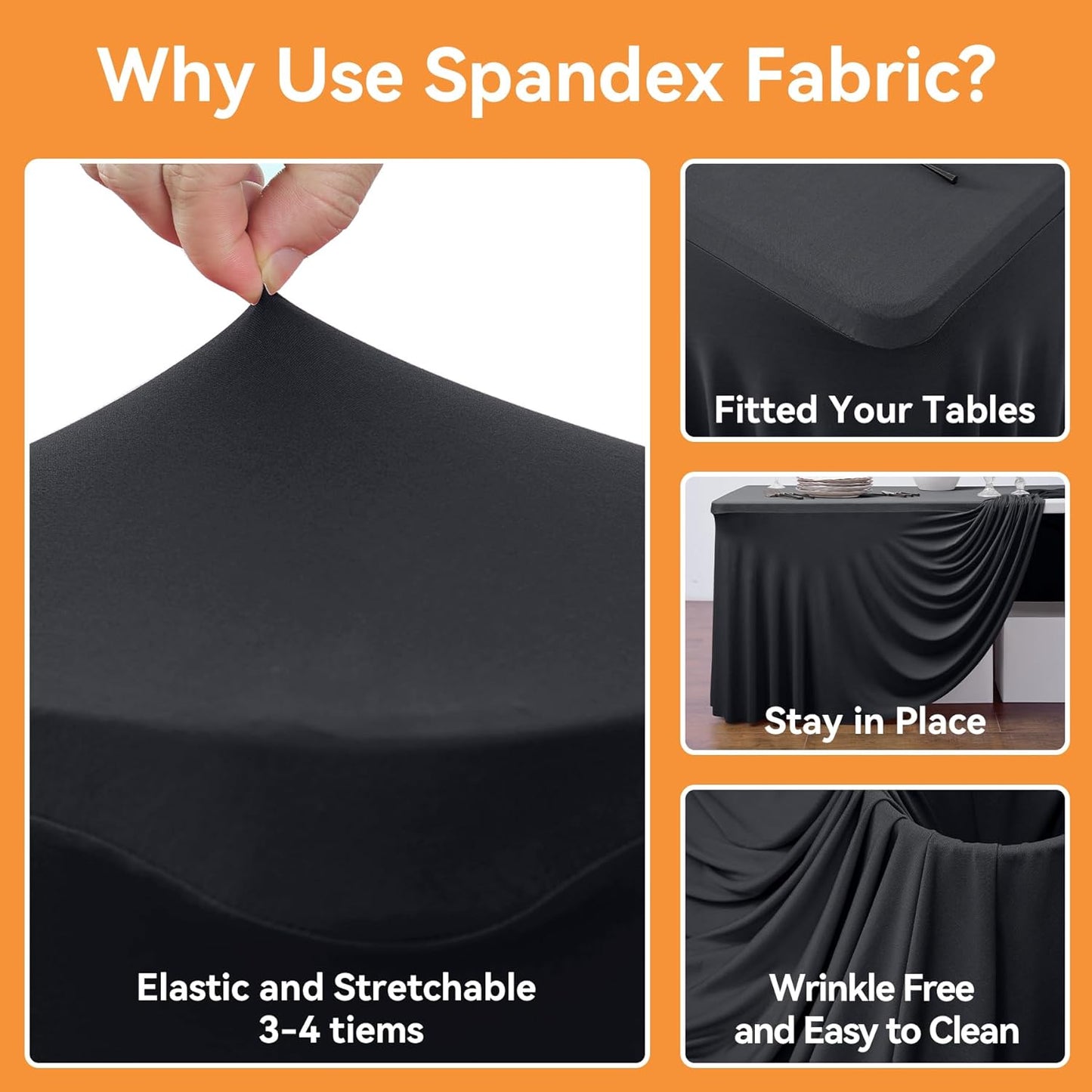 2 Pack Black Fitted Spandex Table Cloth Rectangle 8ft, Wrinkle Free High-Stretch Skirted Tablecloths for 8 Foot Rectangle Tables, Decor Parties Weddings Birthday Banquet Spandex Table Cloths Cover